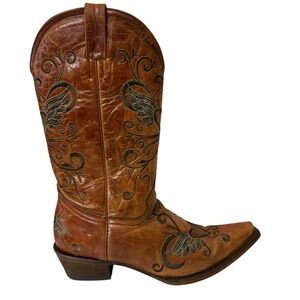 Pecos Bill Brown Leather Cowgirl Boots Women's 8.5‎ Snip Toe Angel Wing
